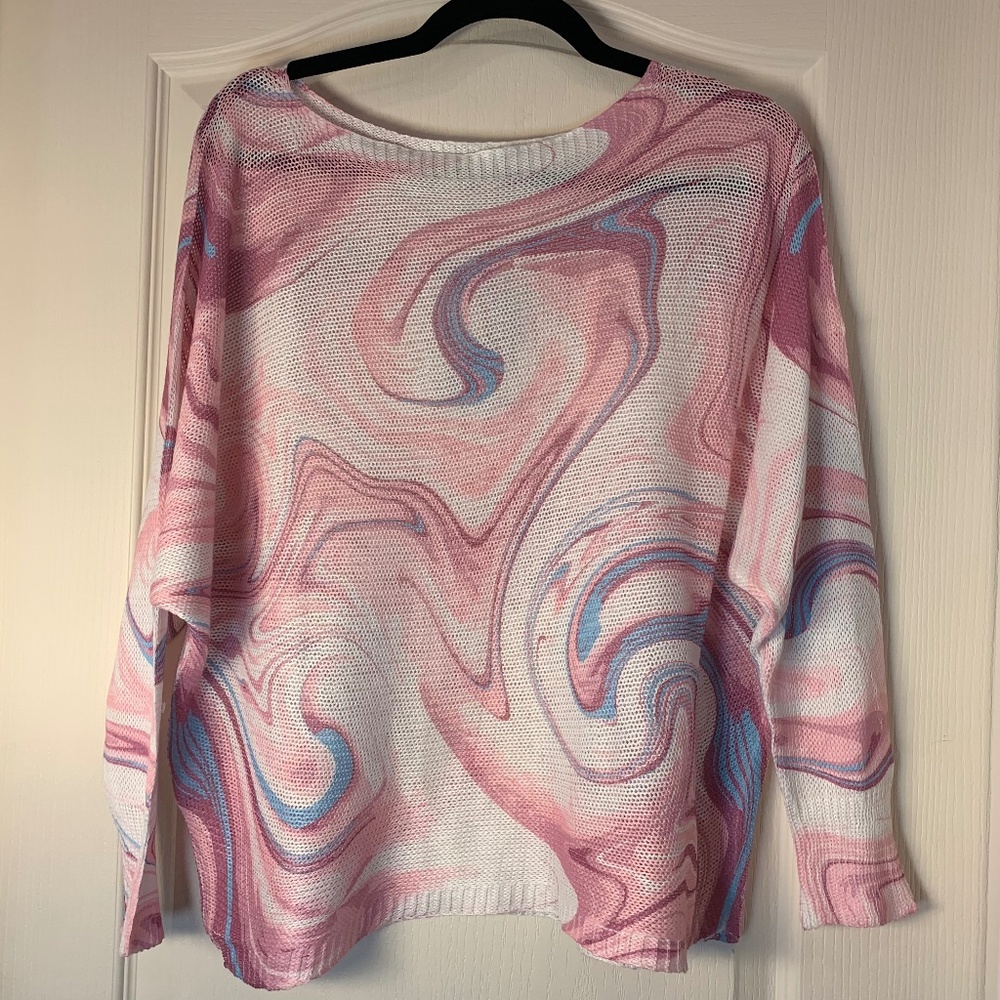 Abstract Italian Knit Top – Lightweight Mesh Sweater Pink Blue White Made in Ita